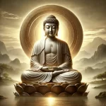 DALL·E 2024-08-13 03.33.47 - A serene and majestic image of Buddha, radiating calmness and wisdom. The Buddha is seated in a lotus position, with a soft golden aura surrounding hi