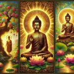 DALL·E 2024-08-13 03.37.16 - A series of three images of Buddha, each exuding a sense of dignity, elegance, and vibrant life. In the first image, Buddha is seated under a blooming